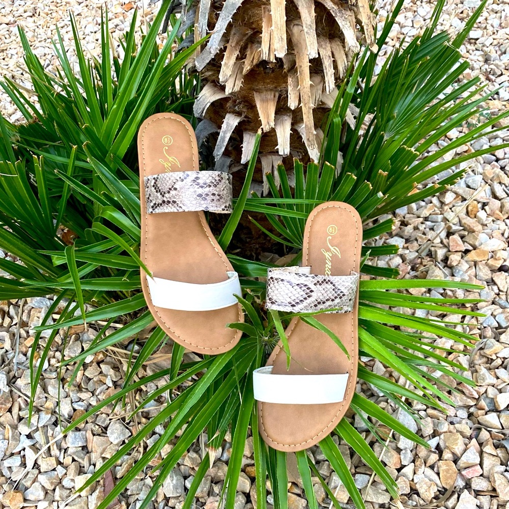White and Snake Print 2 Strap Slide Sandals